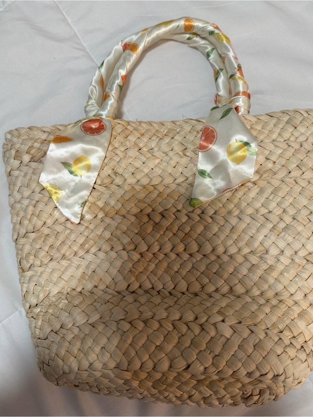 Source Unknown Natural Straw Tote with Citrus-Print Satin Handles